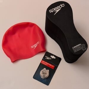 Speedo Red Swim Cap, Nose Clip, and Black Pull Bouy Set Lot Of 3